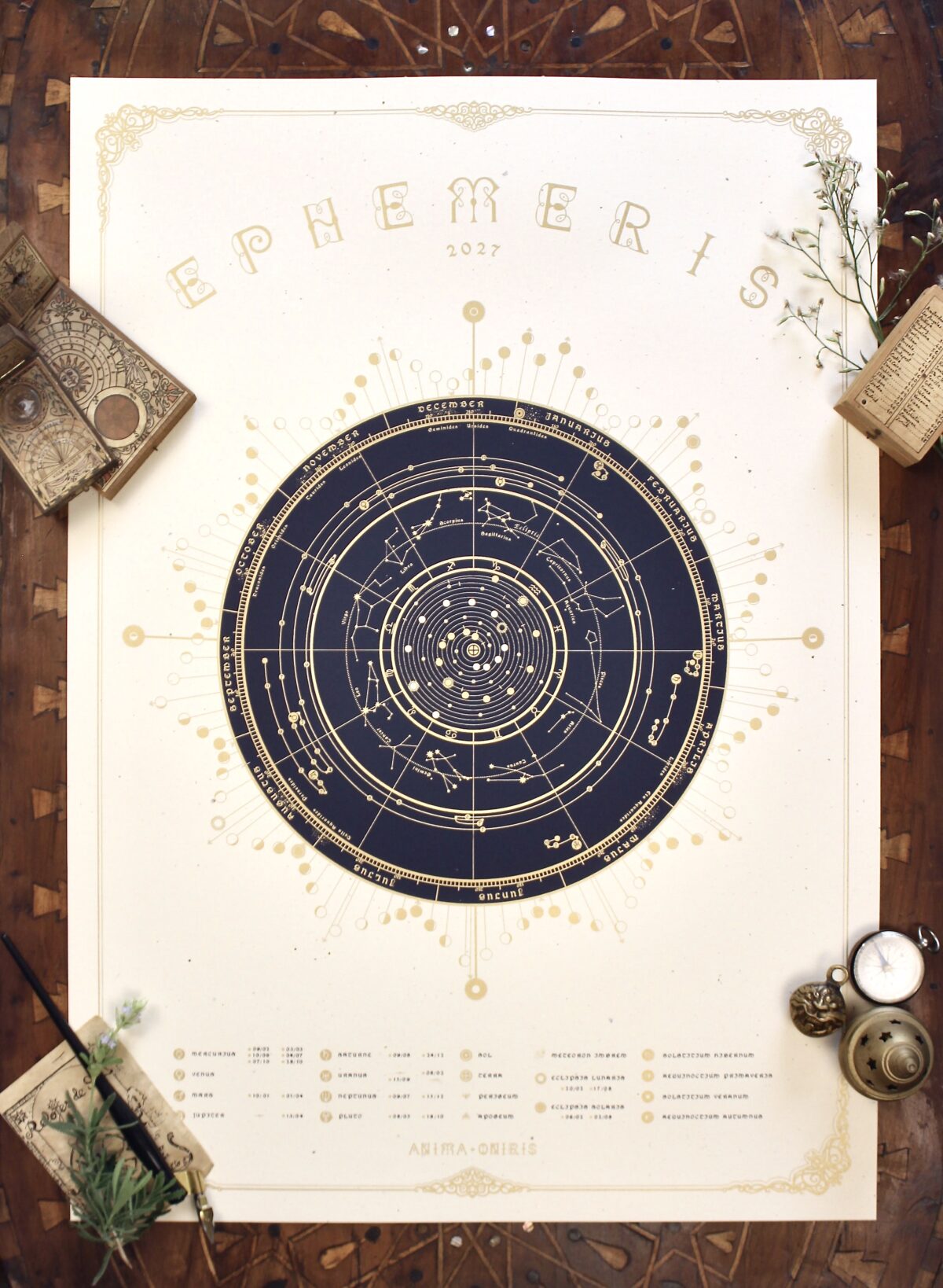 2027 astronomical calendar screen-printed in gold and deep-blue inks on textured cream paper