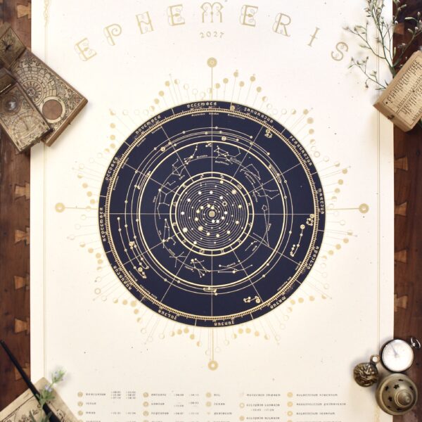 2027 astronomical calendar screen-printed in gold and deep-blue inks on textured cream paper