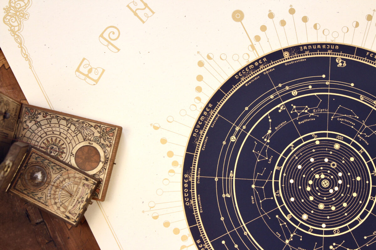 Detail of the 2027 celestial ephemeris showing zodiac constellations, planetary paths and golden lunar phases.