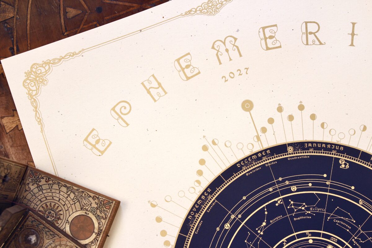 Detail of the Ephemeris 2027 title in golden ink above a circular celestial chart, showing lunar phases and decorative borders.