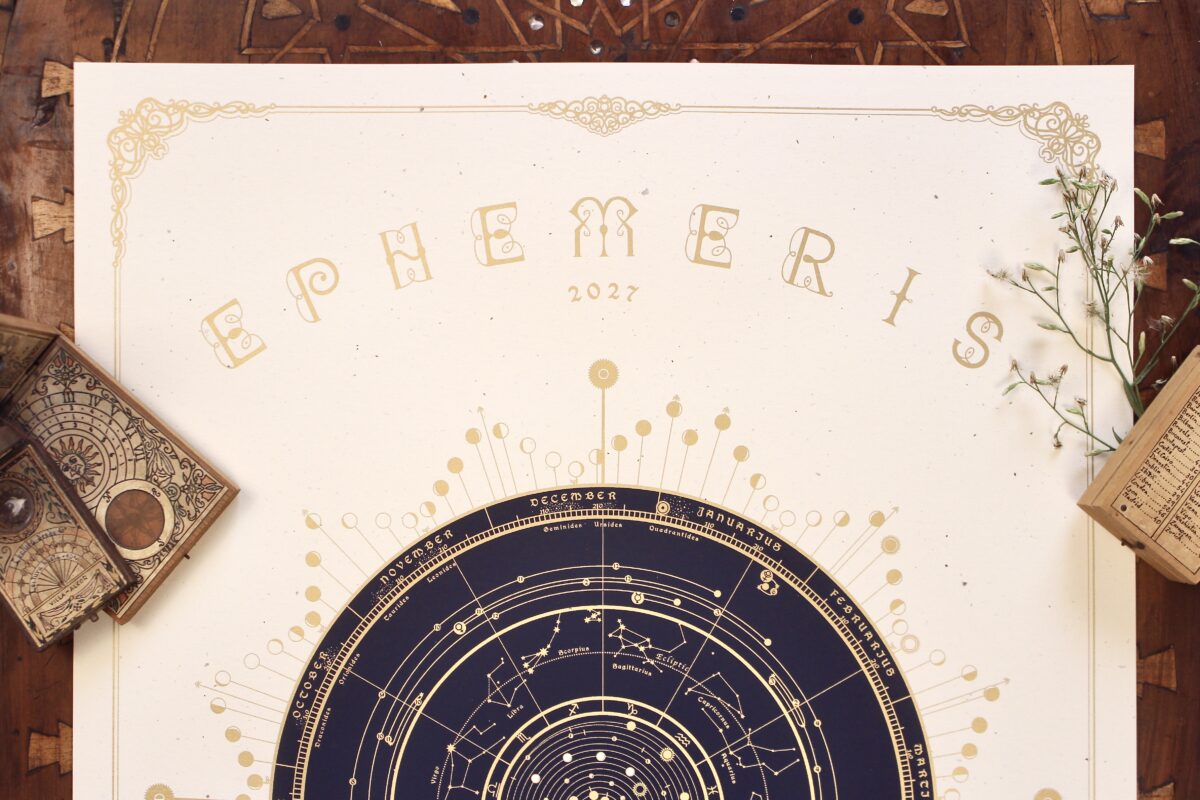 Upper half of the Ephemeris 2027 print showing gold lettering, lunar phases and a navy-blue celestial chart.