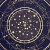 Detailed circular celestial chart showing planetary movements, zodiac symbols and constellations printed in gold on navy blue.